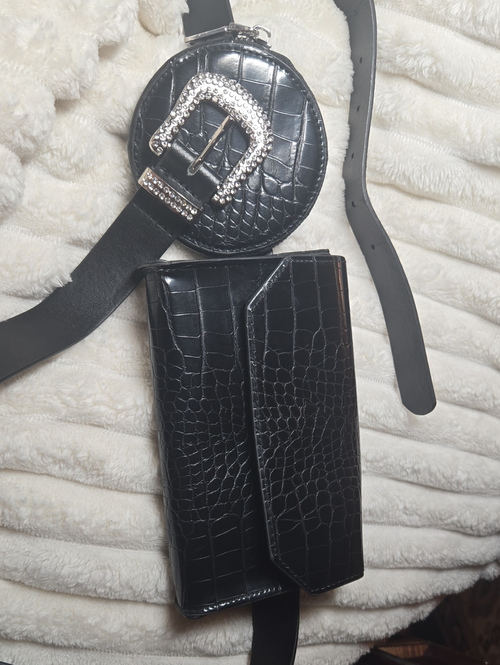 Black Croc-Embossed Belt Bag with Rhinestone Buckle